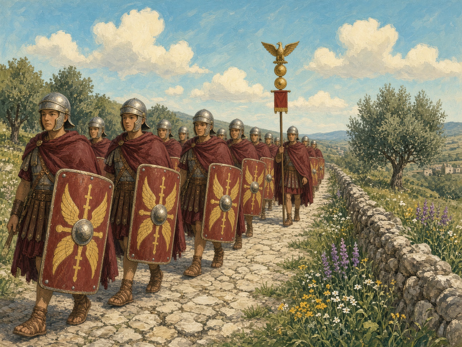 Roman soldiers marching on a stone road with shields and an eagle standard
