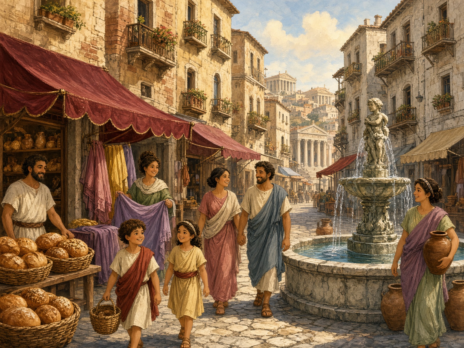 A sunny Roman street with shops, a fountain, and families