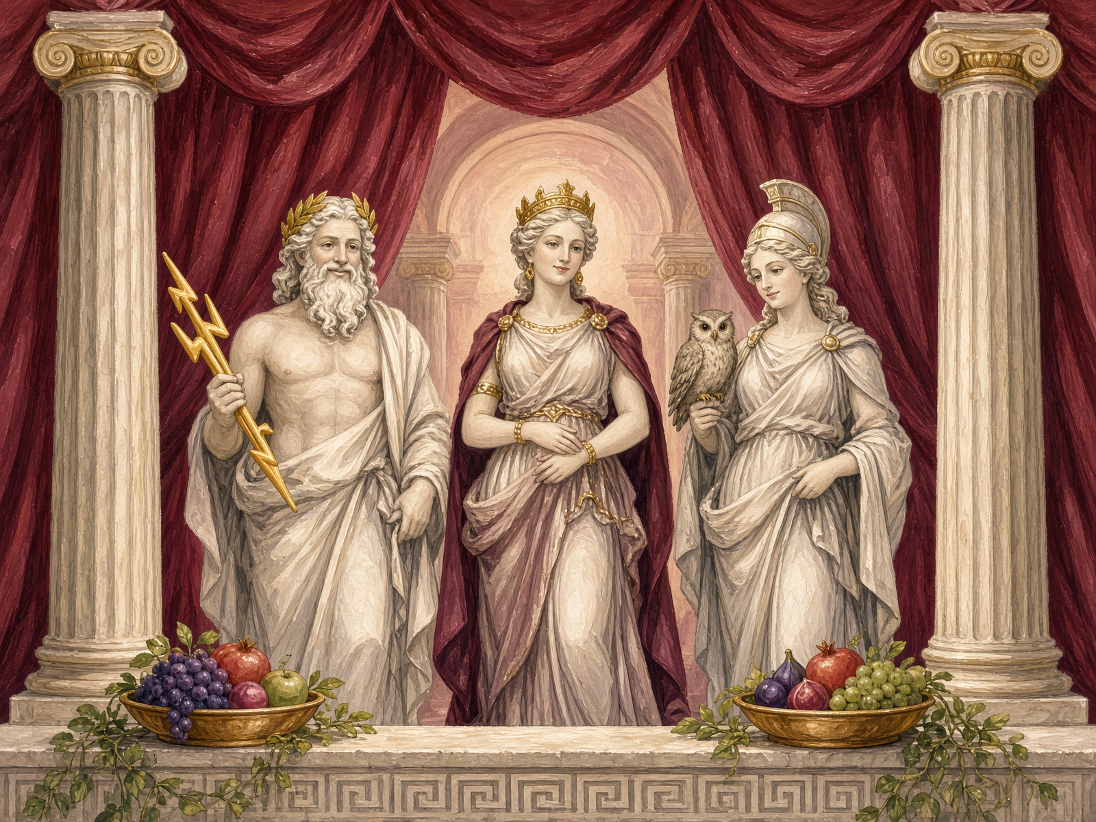 A Roman temple with friendly statues and bowls of fruit