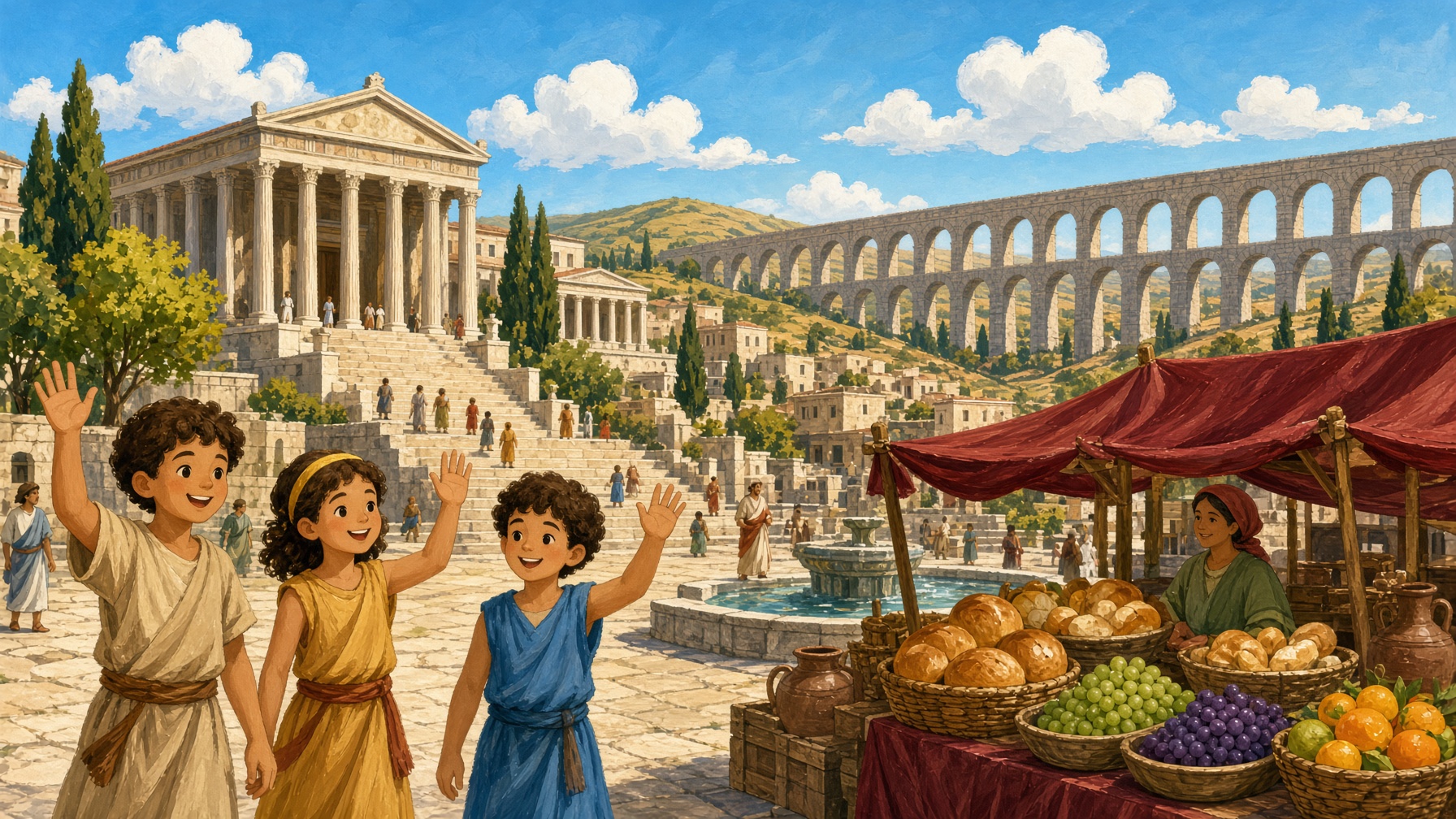A sunny story picture of ancient Rome, with temples, an aqueduct, and a market