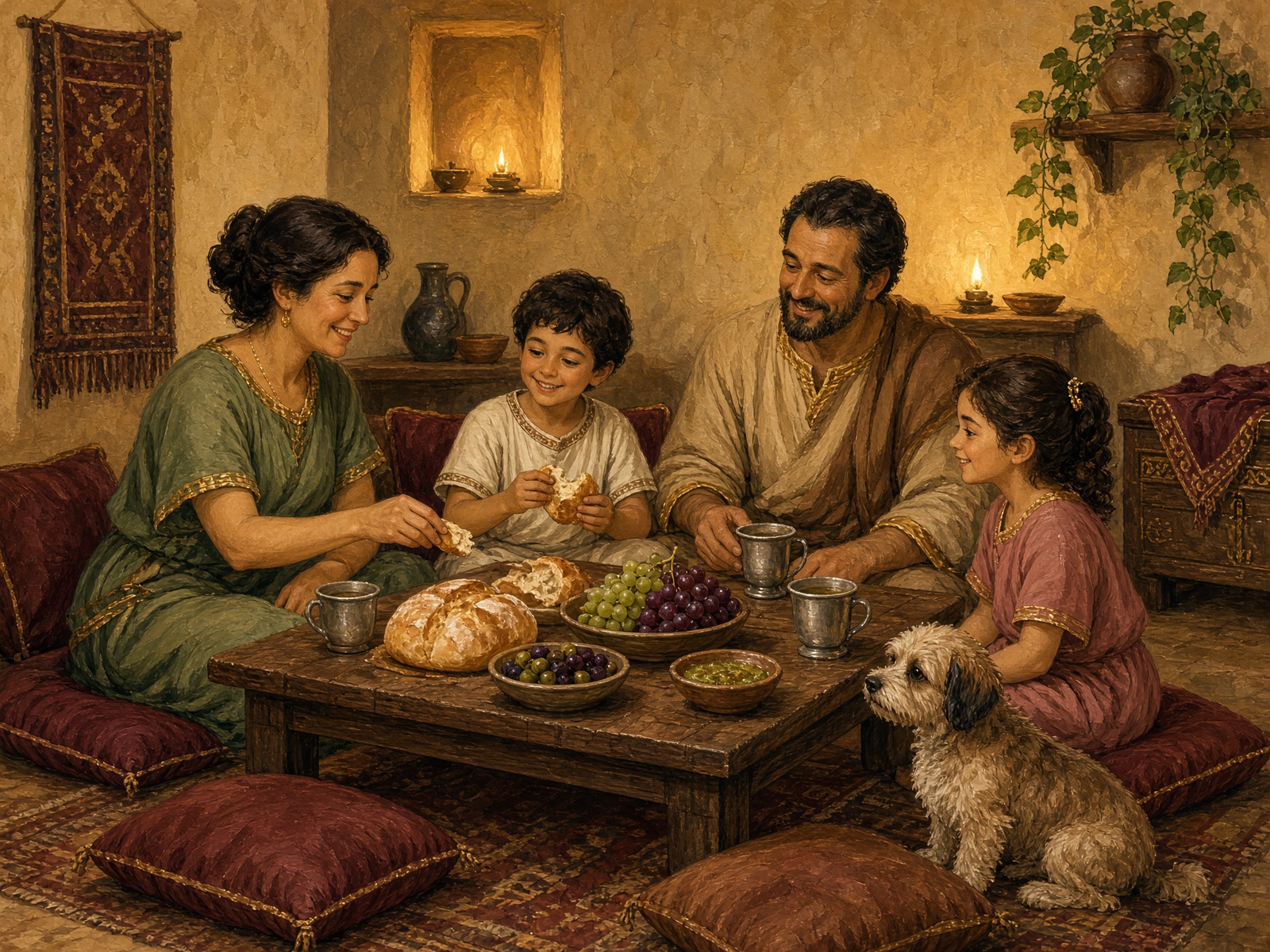 A Roman family sharing bread, olives, and grapes at home